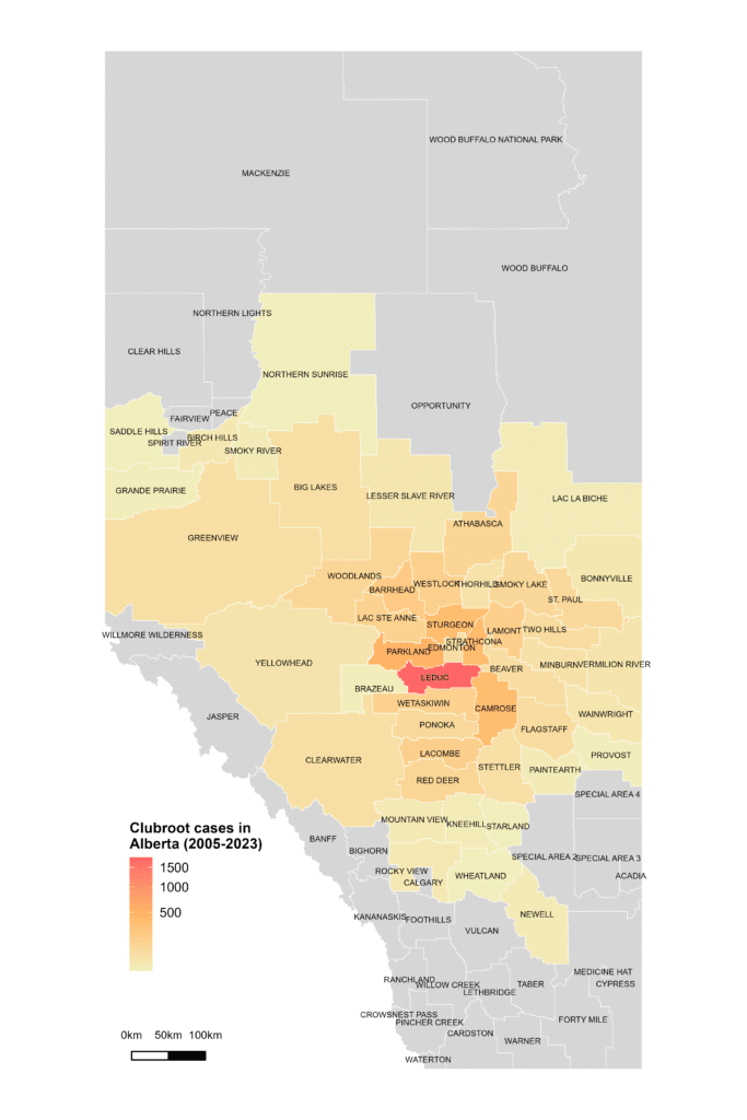 Alberta clubroot distribution map (cumulative cases 2008-2023)