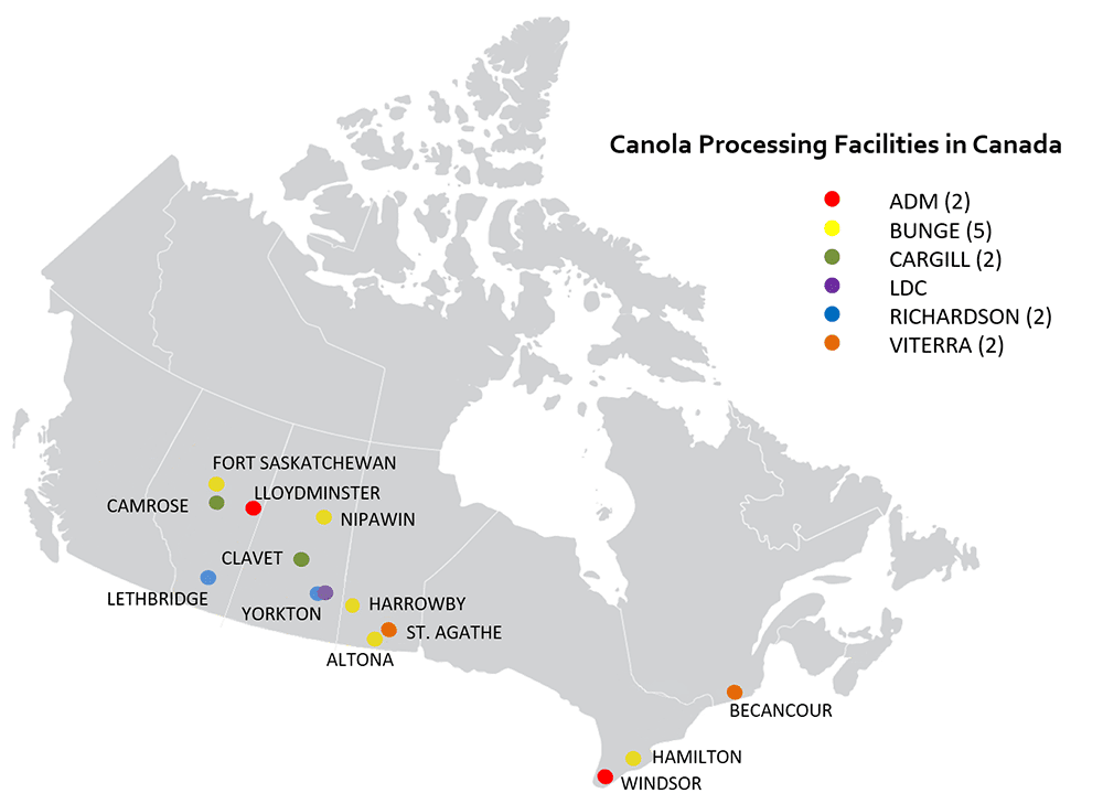 Map showing locations of canola processing plants in Canada