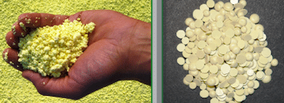 Elemental sulphur (left) is made into prills or pastilles for easier application. Photo credit: IPNI