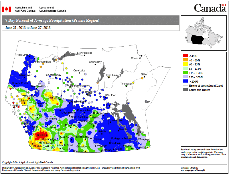 Rainfall from June 21-27 was average to above average for a lot of the Prairies. This means a lot of apothecia will be germinated and ready to release spores into canola crops flowering this week.