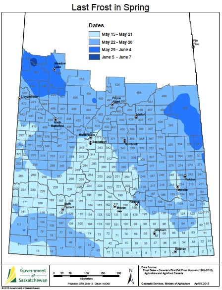Average last day for a 0°C frost in Saskatchewan. CLICK TO ENLARGE