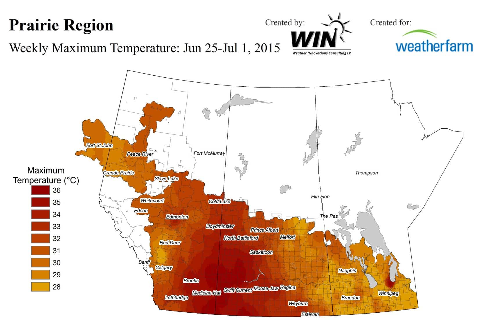All parts of the Prairies had at least one day with a high of at least 28°C over the past week. Some areas were much hotter for days in a row.