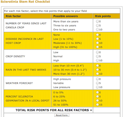 The new sclerotinia stem rot risk assessment checklist from http://www.saskcanola.com/research/riskcalculator.php