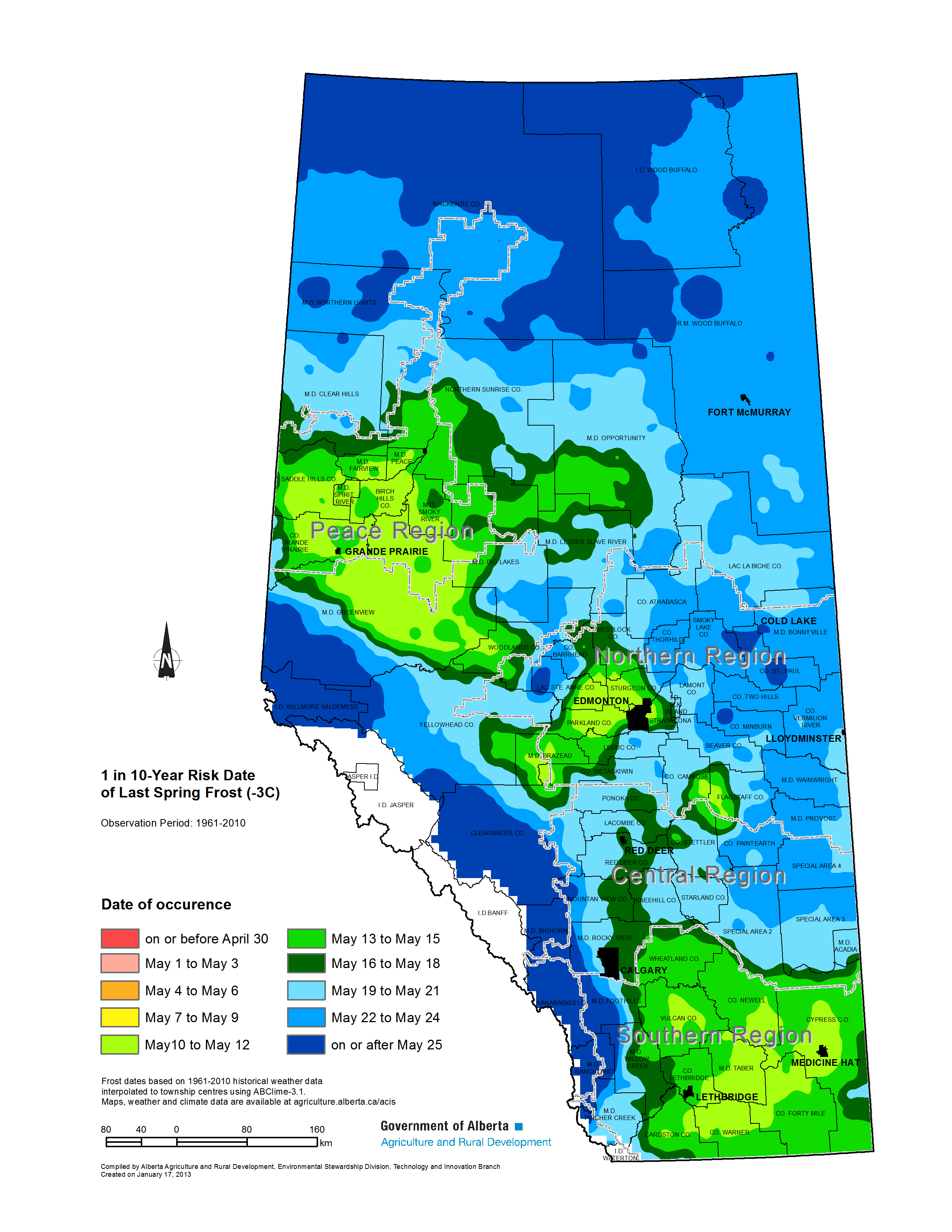 One year in 10 (10% probability) the last -3°C frost in Alberta will occur on or after these dates.