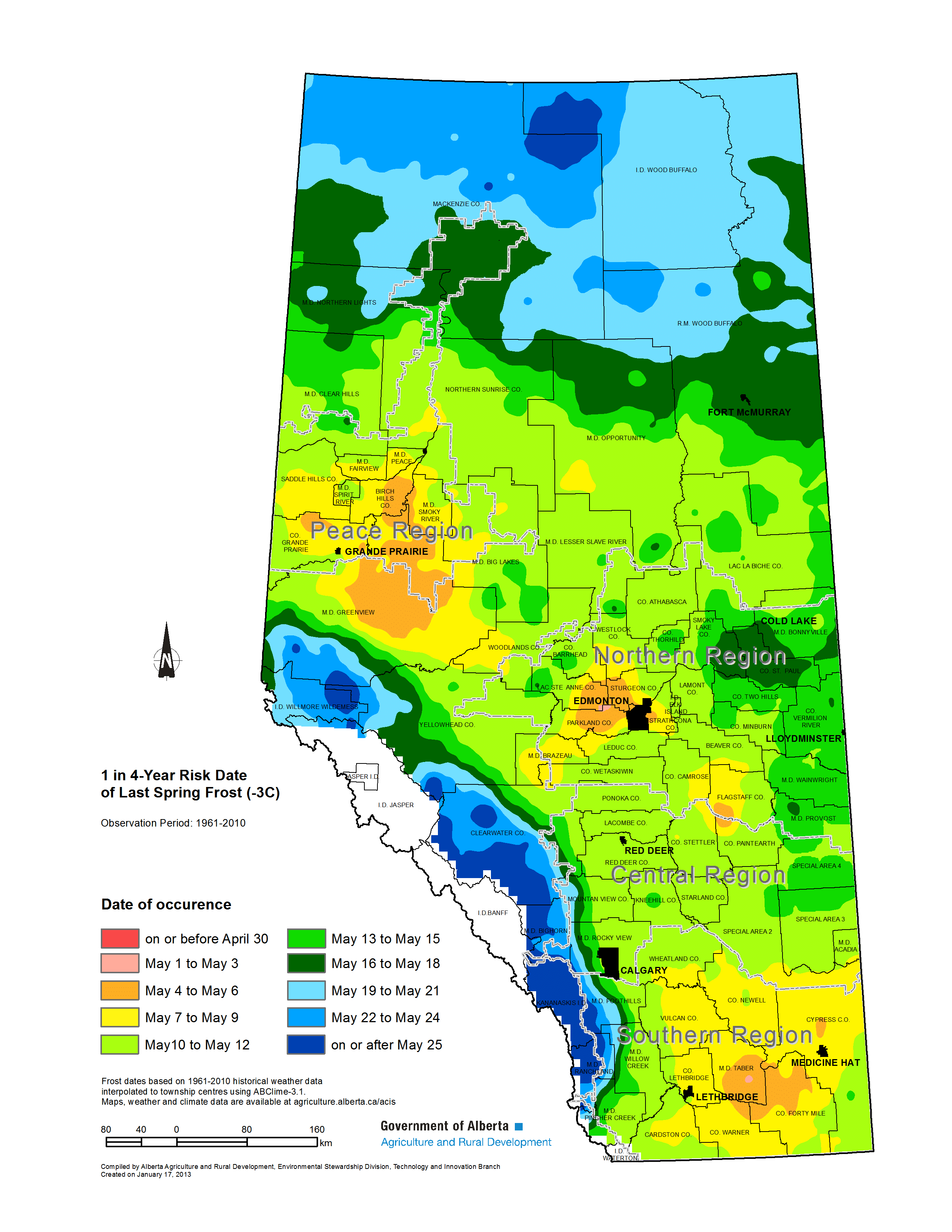 One year in four (25% probability) the last -3°C frost in Alberta will occur on or after these dates. Seeding based on these dates is lower risk that seeding based on the average last frost date.