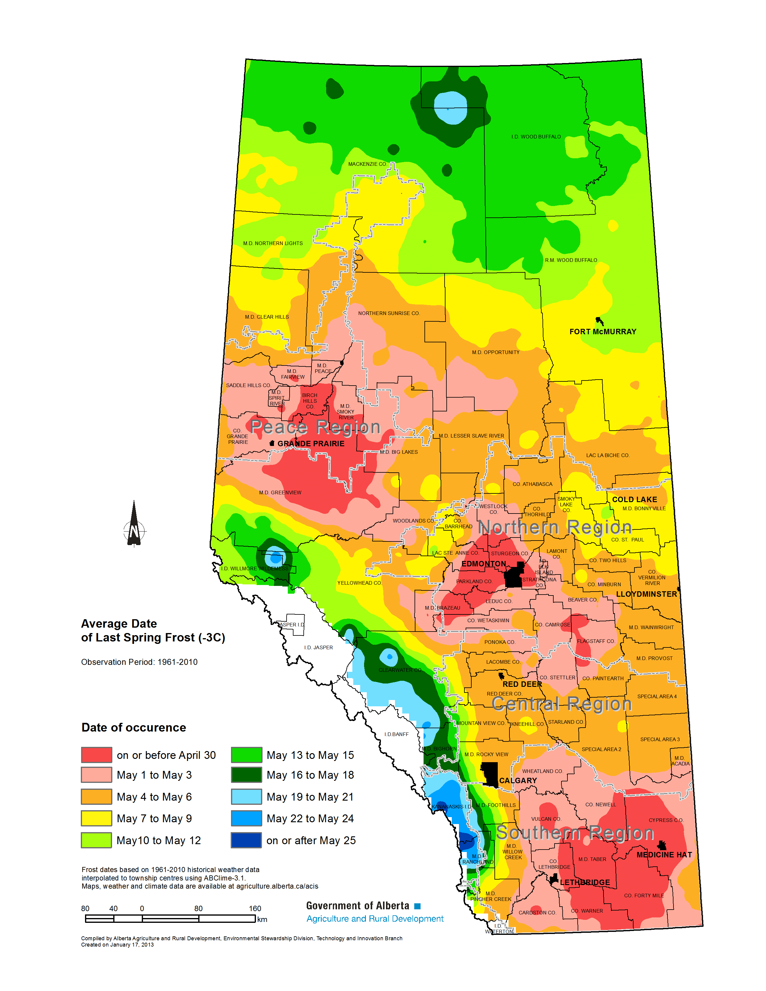 This map shows the average date of the last -3°C frost in Alberta. That means one year in 2, or 50% of the time, a -3°C frost will occur on or after that date.