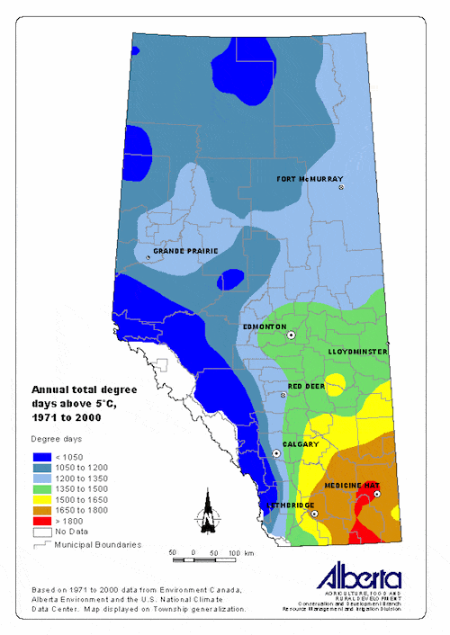 Alberta's long-term average growing degree days (base 5°C). Source: Alberta Agriculture