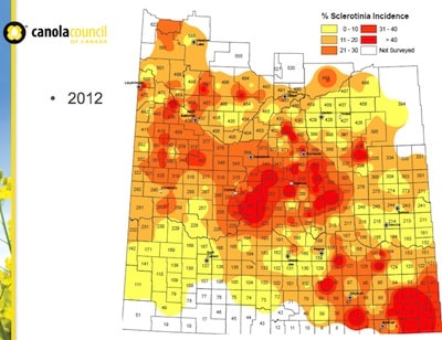 Sclerotinia stem rot incidence in Saskatchewan, 2012.