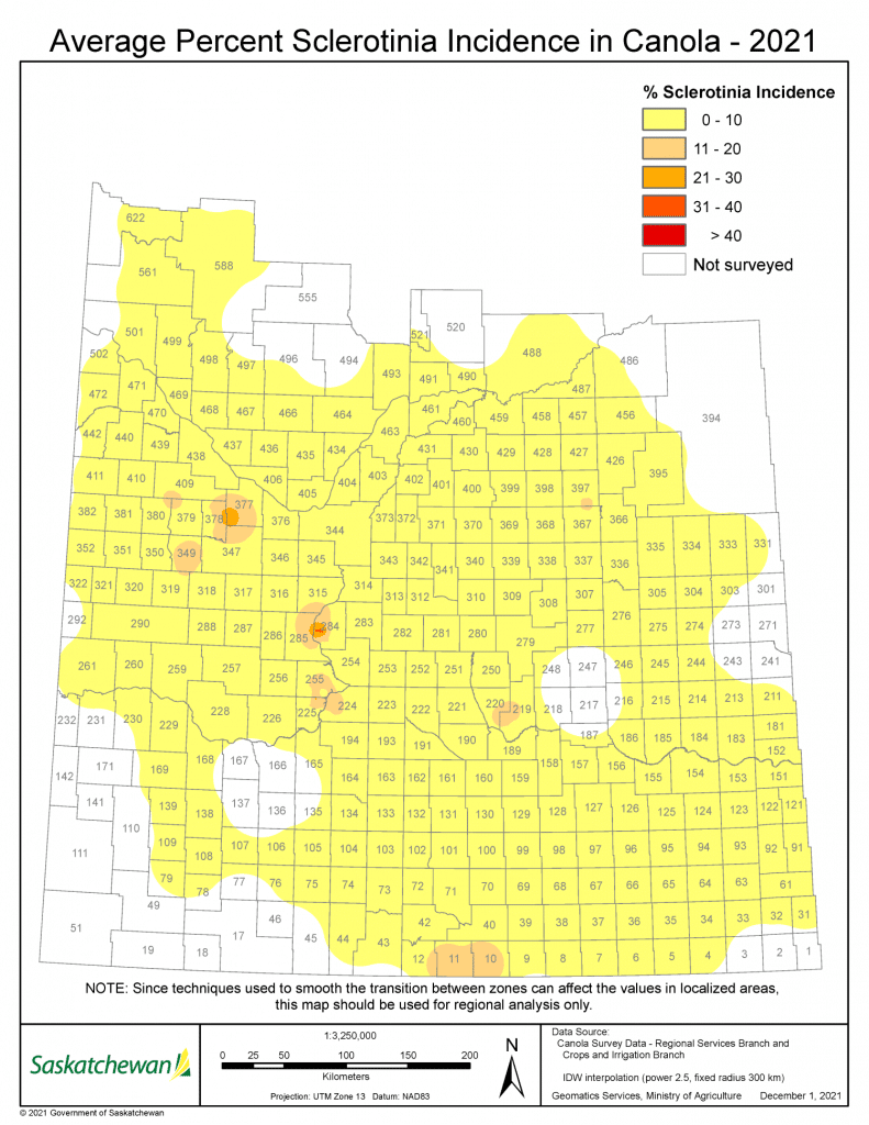 Saskatchewan sclerotinia survey results map for 2021