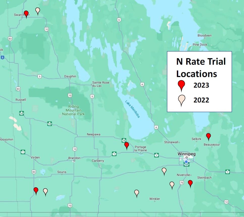 MCGA Canola On-Farm Research Program Manitoba Nitrogen Rate Trial Locations (map)