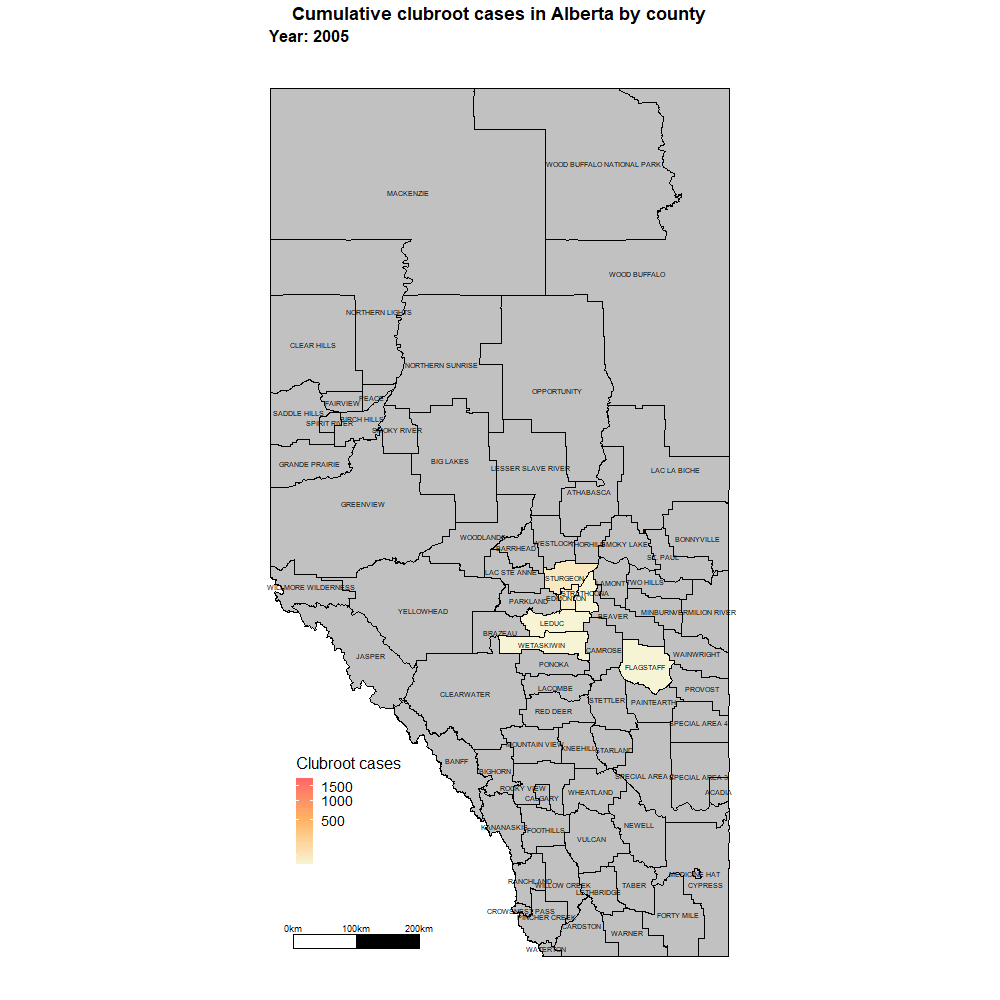 Cumulative clubroot cases in Alberta, by county between 2005-2023