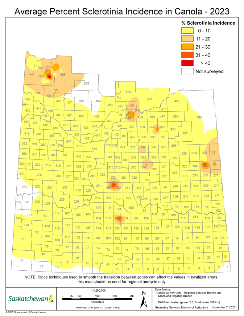 2023 sclerotinia in canola incidence map of Saskatchewan