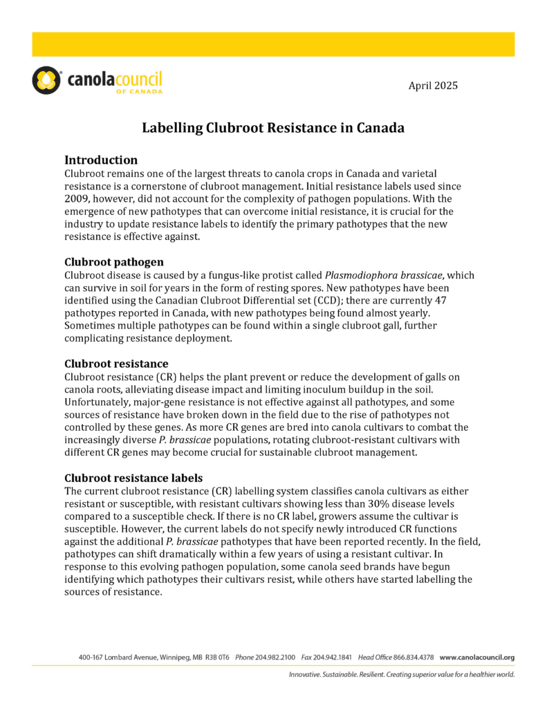 Front page (image) of the April 2025 clubroot resistance document